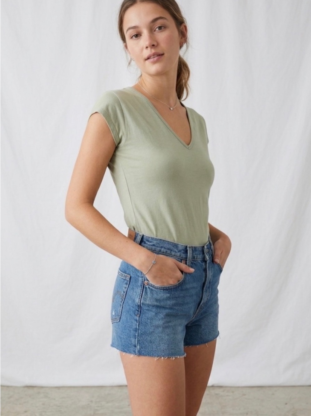 Everlane Sage Green V-Neck Cap Sleeve Tee